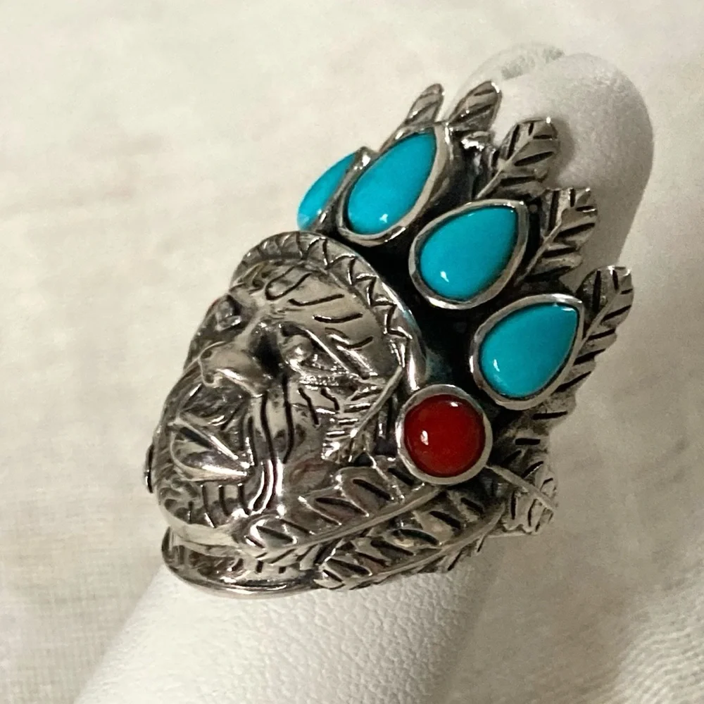 925 Sleeping Beauty Turquoise & Coral Ring Chief w/ Headdress Sterling Silver - Picture 3 of 10